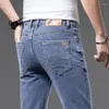 Mäns jeans 2023 Spring Summer Brand Cotton Stretch Regular Straight Lightweight Business Casual Mid Waist Thin