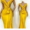 Afrikanische gelbe Ballkleider mit Falten, geknotet, tiefem V-Ausschnitt, Meerjungfrau-Abendkleid, formelle Promi-Party-Kleider für Frauen, tragen Robe 291W