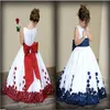 Flower Girl Dress с красным и белым луком узел розовый бальный платье с шариком