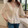 Women's Blouses 2023 Fashion Embroidered Lace Elegant Blouse Summer Women V Neck Shirt Short Sleeve Ladies Loose Folwer Casual Button Tops