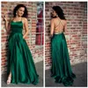 Sexig grimma rygglös sida slits en linje långa gröna balklänningar med fickor satin klänning party examen klänningar2462