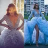 Sky Blue Long Sleeve High Low Evening Pageant Dresses 2020 Sparkly Crystal Beaded Top Ruffles Train Arabic Prom Formal Dress301k