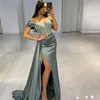 Noir Sirène Haute Split Robes De Soirée Robes Satin Perlé Élégant Sexy De Bal Formelle Robe Pli Arabe Dubaï Robes De Fiesta ro256a