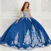 Vestido de Baile Azul Royal Frisado Vestidos Quinceanera Lantejoulas Alças Espaguete Decote Vestidos de Baile Apliques Sweep Train Sweet 15 Masquerad258W