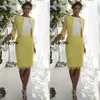 yellow mother of the bride dresses with jacket knee length lace appliqued mother wedding guest dress jewel neck evening gowns269M