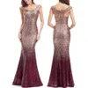 2019 النساء اللامعة المتألقة الشمبانيا الذهب الذهب Sequin Mermaid Cap Cap Dress Dress Dress Dress Robe De Soiree فستان رسمي حتى 249T