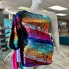 MultiColor Cocktail NYE Dress 2023 Long Puff Sleeve Rainbow Sequins Lady Formal Event Party Gown OneShoulder Short Club Night Ou84300L