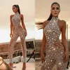 Hög krage kristall prom klänningar illusion ärmlös jumpsuit pärlstav dubai kvinnor sexiga aftonklänningar special tillfälle klänning194p