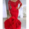 2021 Red Mermaid aftonklänningar Long Scoop Lace -applikationer Ruffles paljetter Plus Size Prom Dress Dubai Arabic Vestidos Long Sleeves1889