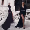 Sexy High Thigh Split Black Evening Dresses Long Sleeves V Neck Women Formal Occasion Gowns Met Gala Celebrity Wears BES121254K