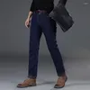 メンズジーンズビジネスストレートウィンターフリースファッションクラシックフィットフィットシックベルベットウォームデニムズボン男性ブランド服