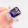 2pcs set Luxury Women's Wedding Rings Large Purple Square Stone Crystal Engagement Party Couple Jewelry Accessories Gift228C