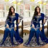 Luxo Árabe Islâmico Vestidos De Noite Jóia Decote Bordado Cristal Frisado Azul Real Longo Formal Dubai Abaya Vestido de Festa Prom Gow237O