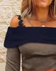 Kvinnors t skjortor färgblock kontrast spets kall axel topp långärmad tees kvinnor sexiga kläder