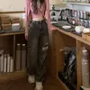 여자 청바지와 넓은 다리 펑크 hippie 바지하라 주쿠 부서진 구멍 연기 회색 빈티지 캐주얼 낮은 허리 찢어진 데님 바지