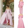 Pink Long Sleeve Prom Jumpsuit with Detachable Train Off Shoulder Puffy Long Sleeves Two Pieces Evening Dress with Pant Suit253v