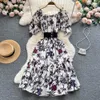 Grundlegende Casual Kleider Runway Kleid 2023 Frühling Sommer Mode Kleidung Vintage Blume Gedruckt Hohe Taille Sexy Quadrat Kragen Elegante Party roben