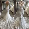 Robe De mariée sirène dentelle robes De mariée 2020 luxe perlé plume dos nu chérie trompette chapelle Train mariée Dress276i