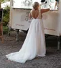 Popular Deep V Neck Applique A Line Sleeveless Champagne Wedding Dresses Sweep Train Sexy Backless Bridal Dress Soft Tulle Beach Wedding Gowns Vestidos de Novia