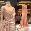 2022 Rose Gold Plus Size Arabic Aso Ebi Mermaid Sexy Prom Dresses Sheer Neck Beaded Sequins Evening Formal Party Second Reception 338N
