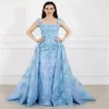 Square Neck Luxury Prom Dresses With Detachable Train Full 3D Floral Applique Beads Evening Gowns Swwep Train Plus Size Formal Gow283v