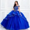 Vestido de festa de formatura azul real vintage quinceanera ombro a ombro com aplicação de renda vestido formal doce 16 personalizado299T