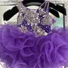 Purple Cupcake Toddler Infant Kids Pageant Dress 2021 Velvet Organza Ruffles Glitz Little Girl Party Gowns Zipper Back Mini Short230B