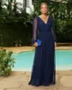 Robes de soirée bleu marine drapé longue soirée Stretch Tulle col en V femmes formelle robe de mère élégantes robes de bal