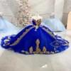 2022 Royal Blue Gold Lace Vestidos de Novia Quinceanera klänningar älskling Lace-up långa tågklänningar kvinnor plus storlek prom party eve2695
