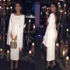 Biała satintea długość osłonki koktajl elegancki arabski długie rękawy bez pleców kobiety formalne suknie imprezowe krótkie sukienki wieczorowe 280Y