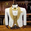 White Groom Tuxedos Gold Navy Blue Lapel Groomsman Wedding 3 Piece Fashion Men Business Prom Jacket Blazerjacket Pants Tie V283A