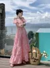 Abiti casual Abito lungo elastico stampato rosa con spalle scoperte Holiday Beach Maxi Vestido Formal Women Elegant Cotton