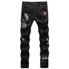 Men's Jeans High Street Ripped Men English Embroidered Printed Black and White Slim Fit Straight Distinctive Graffiti Cotton Elastic 2