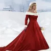 Winter Fur Wedding Dresses Warm Long Sleeve Court Train Off-the-shoulder A-Line Red Bridal Gowns Vestidos De Noiva 2019 New Se225a