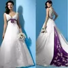プラスサイズの白と紫色のウェディングドレス長いラインエンパイアウエストVネックビーズアップリックサテンスイープトレインブライダルガウンカスタムM212T
