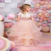 2022 Pink Two Pieces Lace Ball Gown Flower Girl Dresses 3 4 Long Sleeve Vintage Child Pageant Dresses Beautiful1681