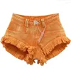 Dames jeans oranje kwastje denim shorts dames zomer hoge taille franje rand wijde pijpen A-lijn broek