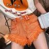 Dames jeans oranje kwastje denim shorts dames zomer hoge taille franje rand wijde pijpen A-lijn broek