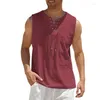 Herr t-skjortor 2023 Vest Shirt Cotton Linne LACE-UP Solid Color Fashion Kort ärm T-shirt