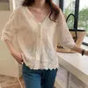 Women's Blouses 2023 Fashion Embroidered Lace Elegant Blouse Summer Women V Neck Shirt Short Sleeve Ladies Loose Folwer Casual Button Tops
