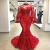 2019 rojo cuello alto encaje sirena vestidos de noche largos acampanados manga larga con cuentas barrido tren baile vestidos de fiesta formales BC0816263f