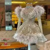 Luxury Beading Feather Short Cocktail Dresses High Neck Se Thru Crystals Homecoming Dress with Long Flare Sleeves210g