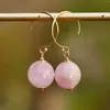 Pendientes colgantes Elegantes 10 mm Cuentas de cuarzo rosa natural 14K Oro DÍA DE SAN VALENTÍN Hermoso gancho Diy Joyería de agua dulce Acuicultura