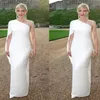 elegant white One Shoulder sheath Long Evening Dresses Satin Zipper split sleeve 2019 new Evening Gowns Summer Prom Dress Robe De 228C