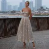 New Glitter Pink Sequins Evening Dress Sweetheart Backless Tea Length Bridal Gowns Shiny 2023 Party Formal Wear Robe De Soriee289v