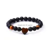 Con cuentas de 8 mm de piedra de lava negra Colorf Pulsera en forma de corazón Ojo de tigre Brazalete de cuarzo rosa para mujeres Joyería de yoga Pulseras de entrega de gota Dhoj3