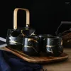 Mugs Service à thé en marbre pour la maison Tasse japonaise en céramique noire et blanche avec théière en bois d'acacia.