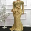 goden Vestidos de noite africanos elegantes 2021 Mangas compridas Lantejoulas apliques de renda Vestido formal sereia Aso Ebi Vestidos de baile com contas de ouro R329z