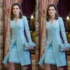 Elegant Sheath Mother Of The Bride Dresses Suits Two Piece Knee Length Light Blue Groom Mom Formal Wear Long Jacket Lace Full Slee226t