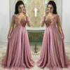 Vestidos formais plus size lindos empoeirados rosa mangas compridas apliques gola transparente rendas 3D flores vestido formal noite Go231v